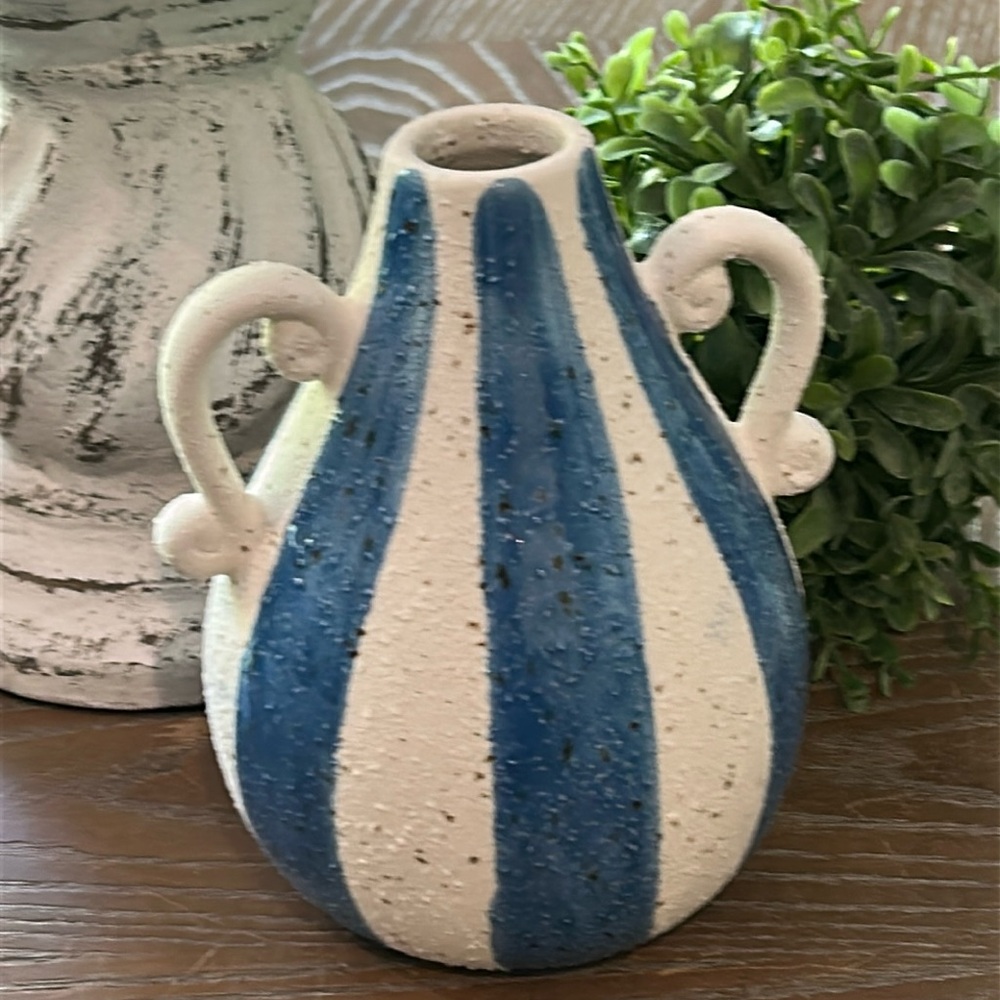 NEW! Vintage Inspired Mediterranean Blue & White Striped Pottery Textured Vase
